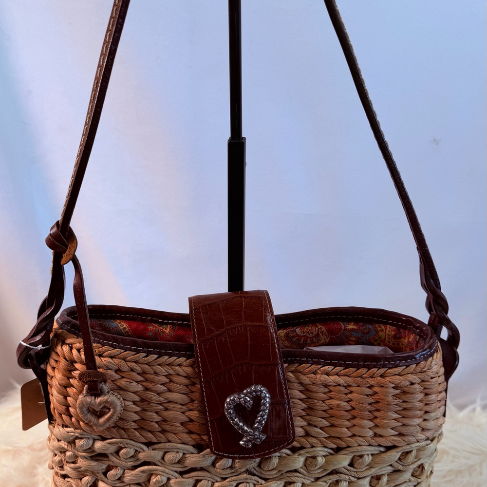 Brighton Straw Woven Shoulder Bag Leather Trim Heart Clasp Boho Basket Purse